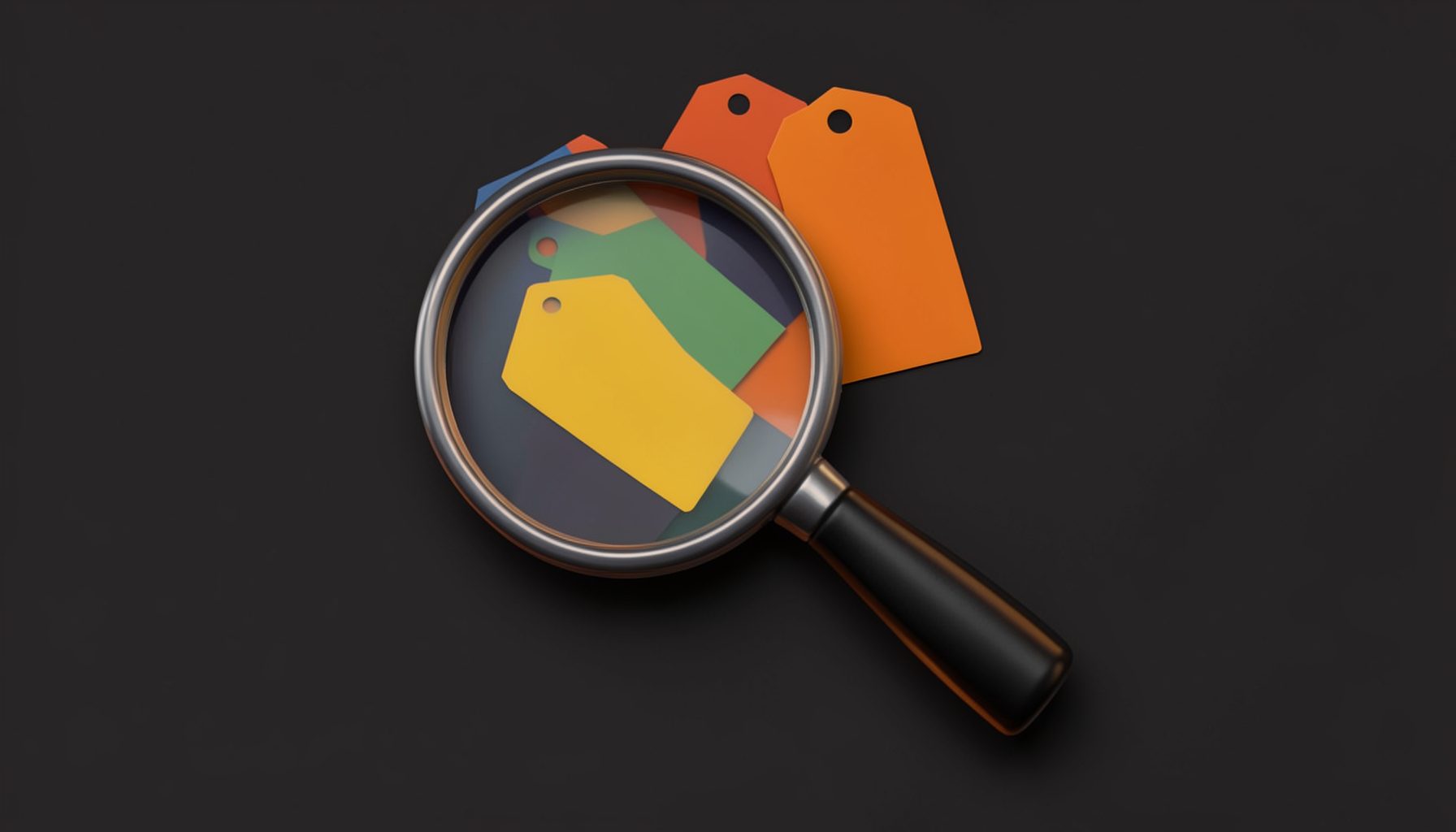 Abstract illustration of magnifying glass over colorful tag labels on a dark background, warm orange and deep charcoal tones