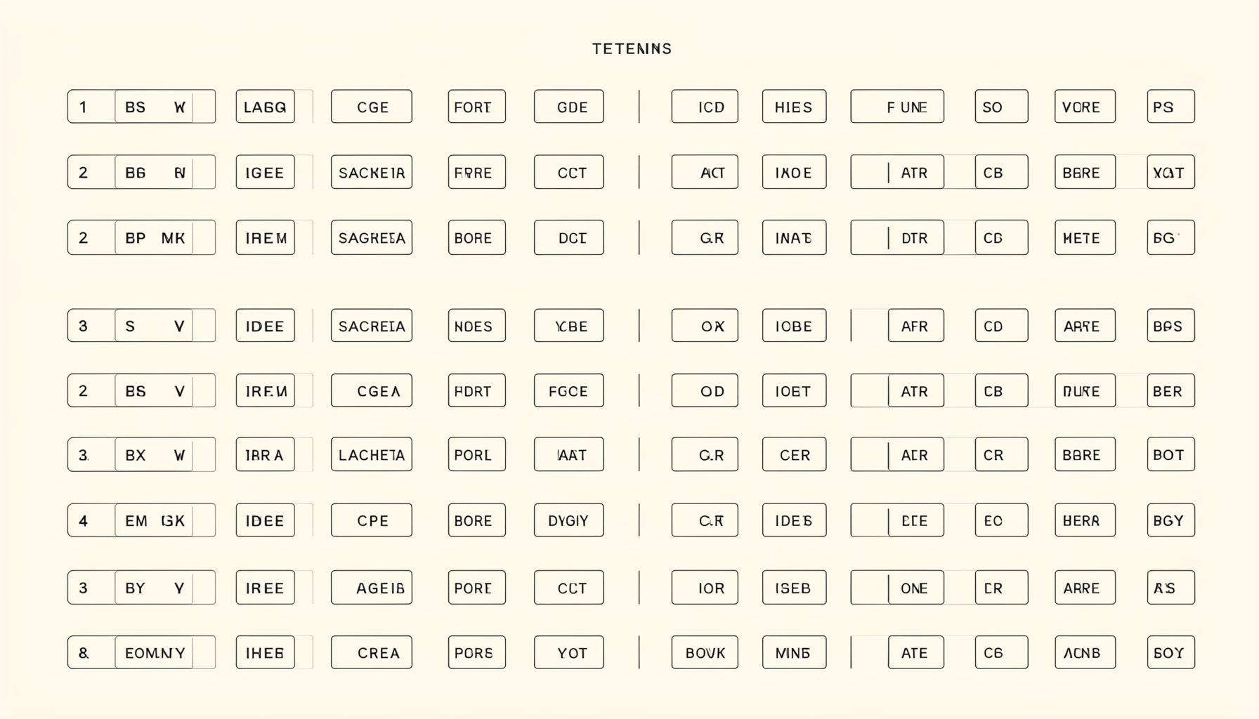 Cream colored background with rows of small outlined uppercase text tags arranged in a grid, flat editorial style