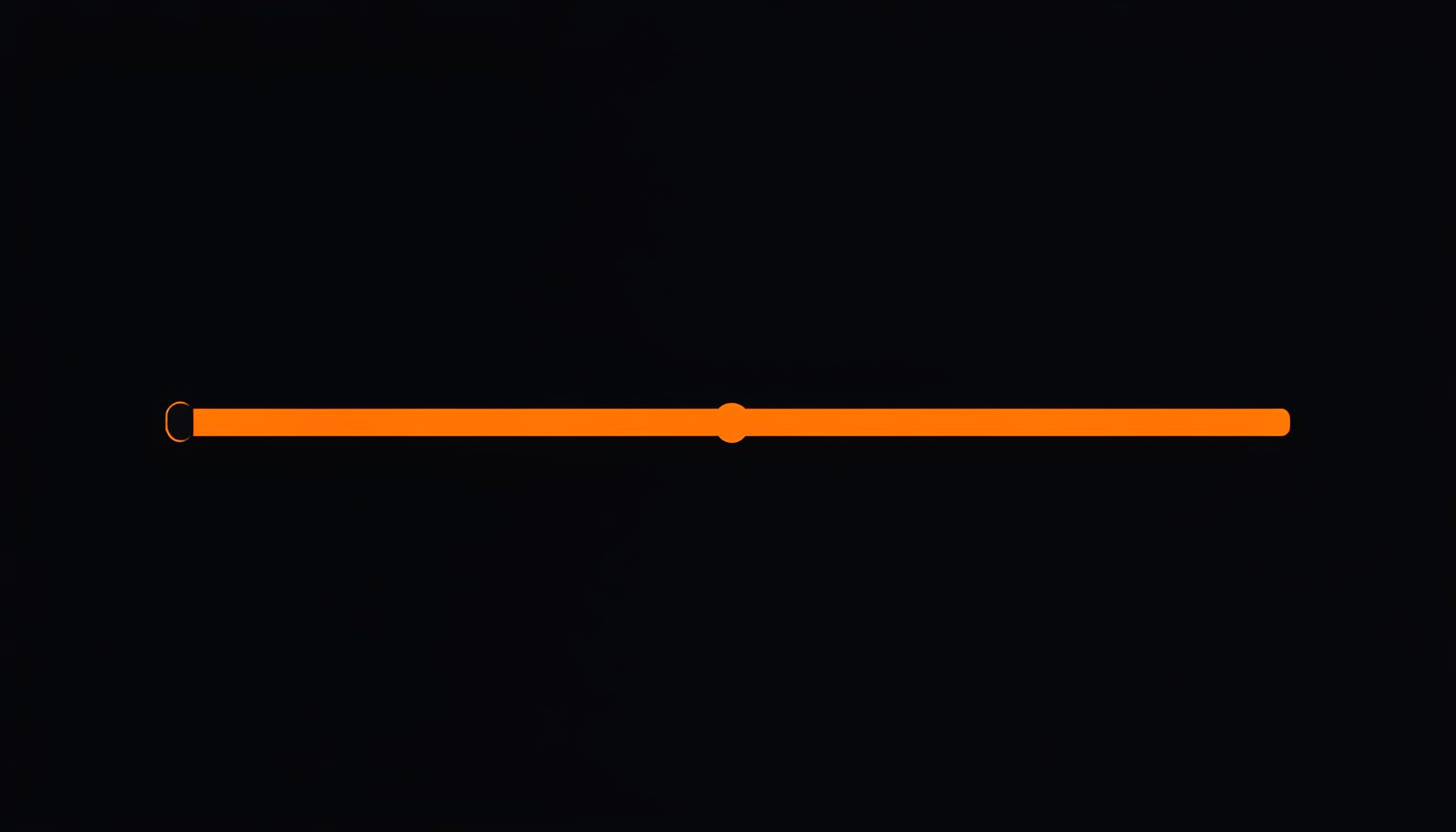 Dark near-black background with a bold orange horizontal timeline bar and a small orange marker dot, minimal and technical mood