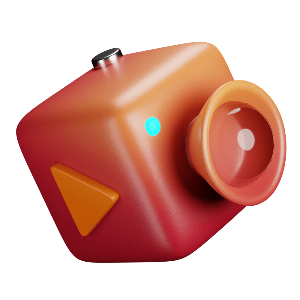 Small stylized red-orange camera icon with a blue dot and orange play triangle